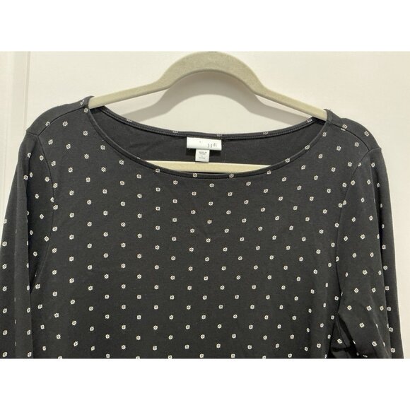 J. Jill Blouse Large Petite Black With Cream Print Design Long Sleeves - Picture 2 of 9